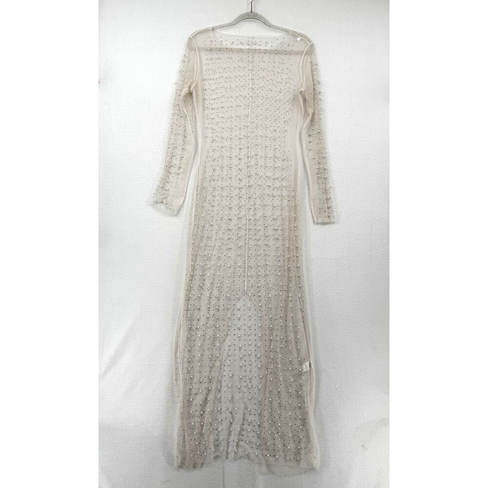 Pearl Beaded Sheer Mesh Duster Cover Up Maxi Cardigan Festival Glam Layering L
